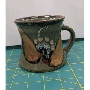 Pottery Coffee Cup Mug Signed Shades of Green Brown Glossy